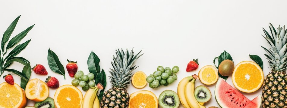 Colorful array of fresh fruit slices and whole fruits, with tropical leaves, arranged on a white background