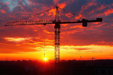 Crane silhouetted against sunset, creating a dramatic effect with vivid colors in the sky.