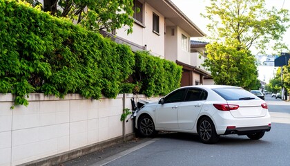 交通事故、壁に追突した自動車。（Traffic accident, car crashed into wall.）
