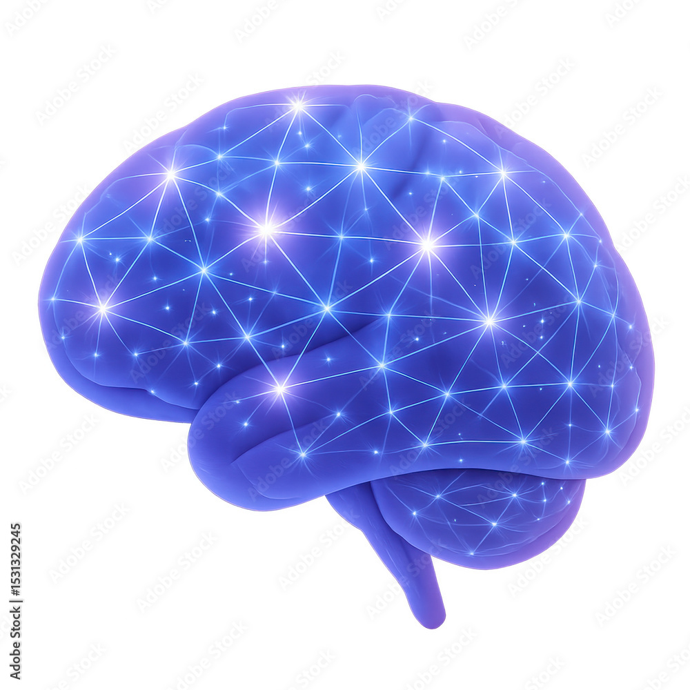 Poster brain network: a luminous, digital illustration of a human brain, showcasing an interconnected netwo