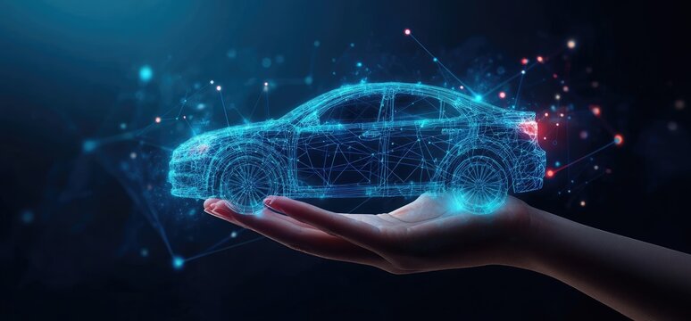A hand holds a digital car model, composed of glowing interconnected lines, in a dark background