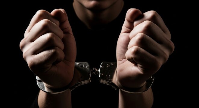 Close-up of a person's hands in metal handcuffs, wearing a dark shirt, symbolizing arrest, law enforcement, or loss of freedom.