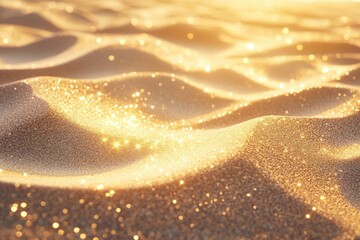 Golden sand shimmers under warm sunlight