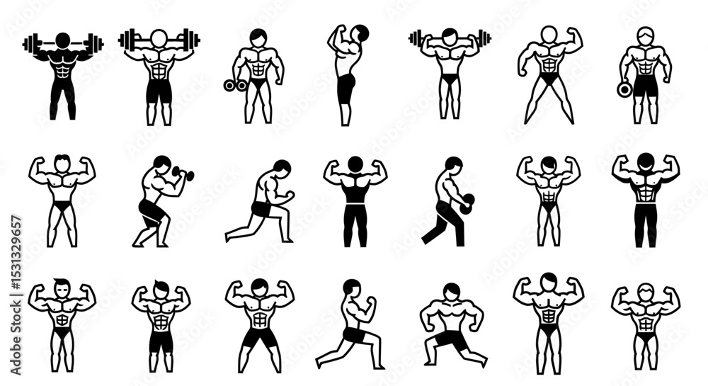 Poster vector icons set of collection of muscular bodybuilder icons demonstrating various weightlifting and