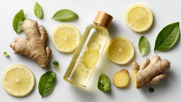 High quality photo of bottle of light yellow liquid facial toner surrounded by slices and leaves of lemon ginger root on a white background flat lay photography stock photo in the.