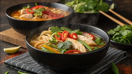 Delicious bowl of spicy chicken noodle soup in a cozy kitchen setting steaming hot inviting atmosphere culinary delight