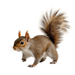 Obraz premium A curious squirrel in a ready stance, with a bushy tail isolated on white background 