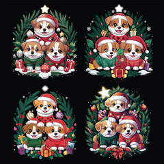 Adorable christmas corgi puppies wearing santa hats and festive sweaters with gifts