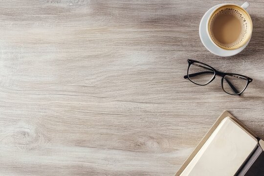 Light wood table top, coffee, glasses, book