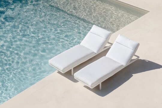 Two white sun loungers by a pool (1)