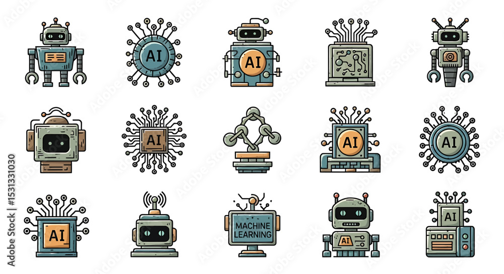 Poster vector icons set of collection of retro ai robots and circuit designs. vector illustrations