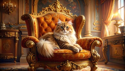 Regal feline lounging on an ornate golden throne in a luxurious room
