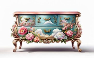 Vintage Dresser Victorian or Baroque style with delicate decoupage paper of floral elements and clouds, collage of flowers. Retro Furniture element on white background