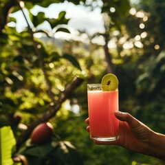 Hand holding a glass of pink juice, lime slice, lush garden background