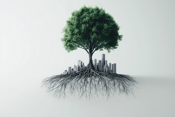 Lush green tree with roots supporting a city