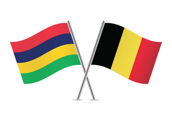 Mauritius and Belgium crossed flags. Mauritian and Belgian flags on a white background. Vector icon set. Vector illustration.