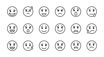 Vector icons Set of  Collection of Simple Black and White Emoji Faces Expressing Various Emotions. Vector Illustrations