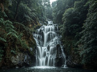 Multi-Tiered Waterfall Surrounded by Lush Greenery