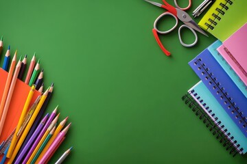 Fototapeta premium Colorful school supplies arranged on a vibrant green background