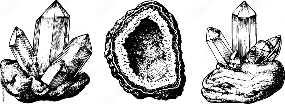 Poster fascinating crystal clusters and geode cross section for design and decoration