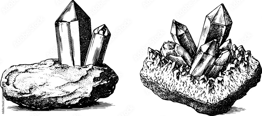 Poster collection of crystal clusters and geode cross sections for decoration and design