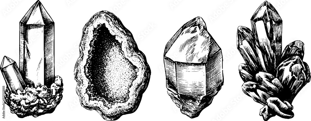 Poster intricate crystal clusters and geode cross section for nature design