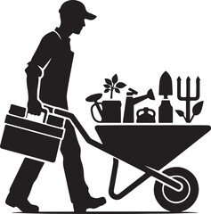 A silhouette of a gardener pushing a wheelbarrow filled with gardening tools and a toolbox