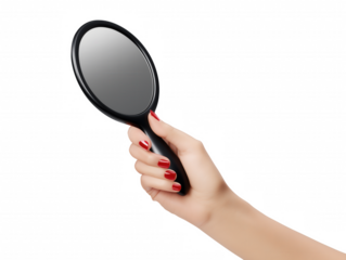 Close-up of female hand holding black oval mirror with red nail polish, isolated on transparent background