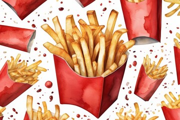 french fries in red package and ketchup fast food watercolor illustration. Take away order.