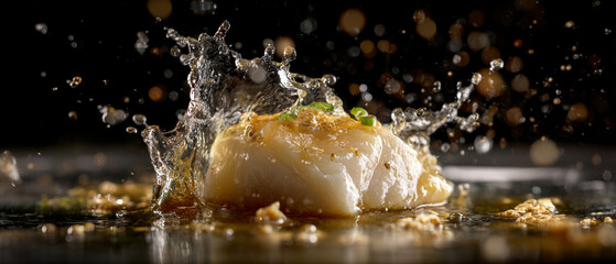 Close up of a piece of fish with sauce and green onions with water splashing around it on a black surface