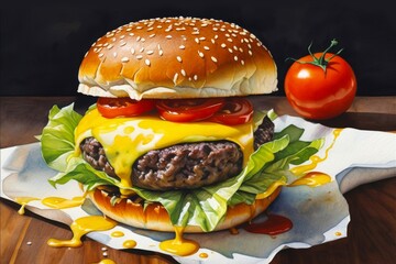 juicy burger with cheese and tomato on wooden table on paper appetizing illustration