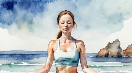 Young woman doing yoga watercolor postcard. Meditating in lotus position by the lake on the beach. Copy space top banner. Mindfulness and meditation practice. 