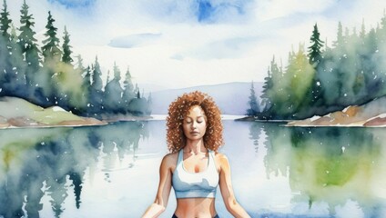 Young woman doing yoga watercolor postcard. Meditating in lotus position by the lake on the beach. Copy space top. Mindfulness and meditation practice. 