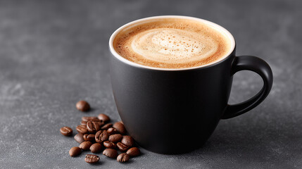 Obraz premium Morning Coffee: The image presents a rich coffee cup, and fresh coffee beans. Perfect for those seeking warmth and a moment of pause. A photo of a black ceramic cup filled with a rich, creamy.
