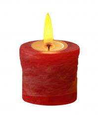 Single classic tapered red candle with bright yellow flame on transparent background