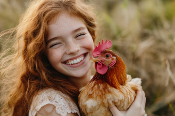 Girl holding chicken, smiling warmly. Green grass background, bright sunny day. Warmth and connection.