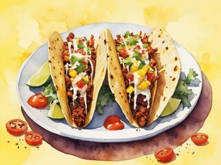 tacos al pastor. Mexican food. Two taco with spit-grilled slices of pork with onion served on plate with lime watercolor illustration. Restaurant decor.