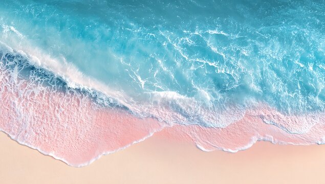 High quality photo of beautiful pastel pink beach with white sand and blue ocean water wave background banner summer vacation concept.