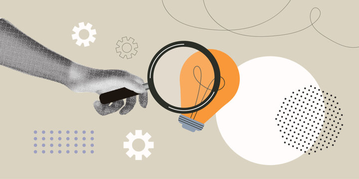 Halftone collage idea search. Hand holding magnifying glass with lightbulb. Smart thinking, bright vision, clue, solution, insight.  Find target. Trendy retro vector illustration.