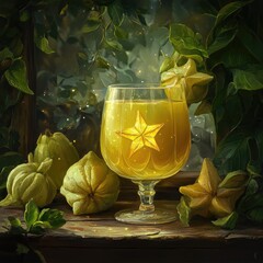 Starfruit juice in a glass, still life