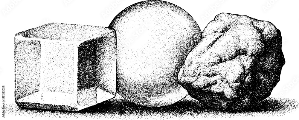 Poster geometric shapes of fragmented prism disjointed sphere and textured rock design for art projects