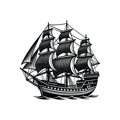 A Vintage engraving-style illustration of a large sailing ship silhouette design.