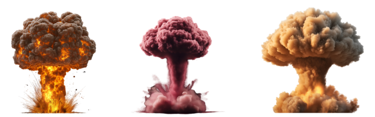 Collection of various fiery nuclear explosion isolated on transparent background