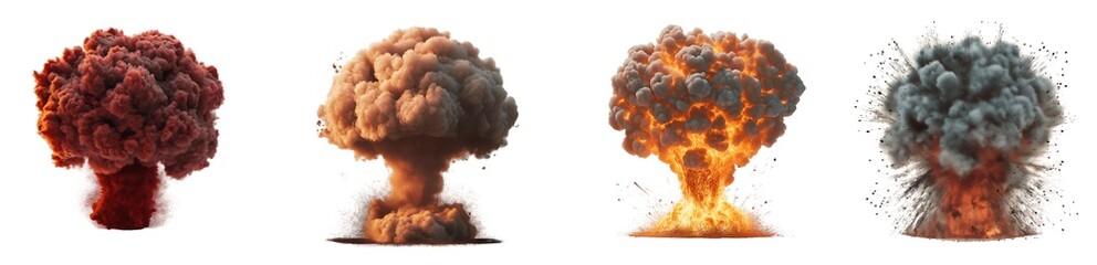 Collection of various fiery nuclear explosion isolated on transparent background