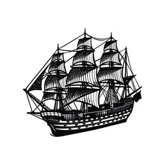 A Vintage engraving-style illustration of a large sailing ship silhouette design.