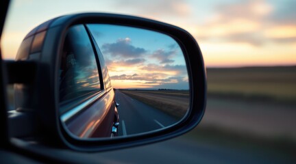 summer road trip boho. A car's side mirror reflects a scenic sunset over a winding road, capturing the beauty of the journey ahead.