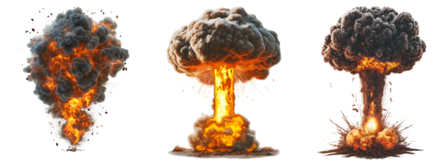 Set of various fiery nuclear explosion isolated on transparent background