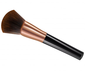 Single makeup brush with black handle, copper ferrule, and natural bristles isolated on transparent background