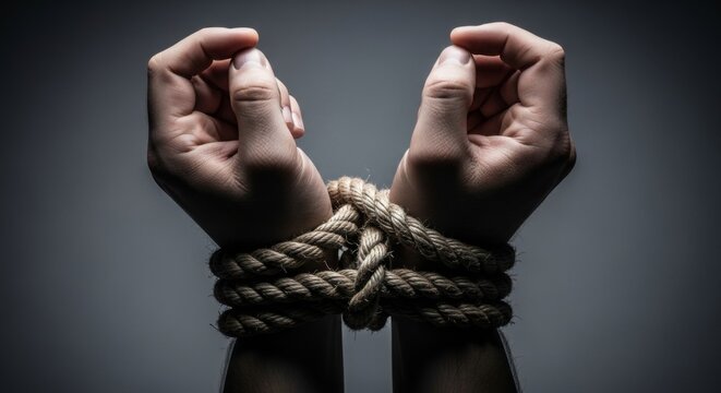 Close-up of tightly bound hands with coarse rope in a dark setting, symbolizing captivity, restraint, or oppression.