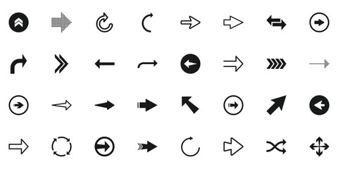 Fototapeta premium Set of 32 black arrows, cursors, pictograms, pointers, markers. Vector illustration isolated on white background
